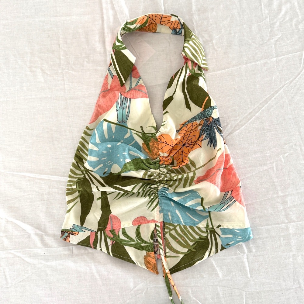 Y2K Tropical Floral Halter Top L Green Pink Blue Ruched Smocked Boho Vacation